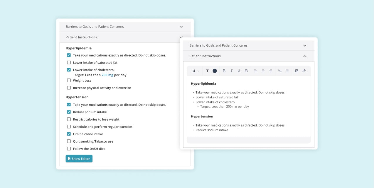 Screenshot of advanced primary care management care plan