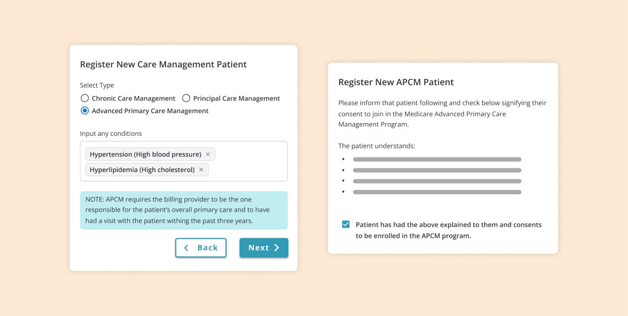 Screenshot of advanced primary care management patient registration