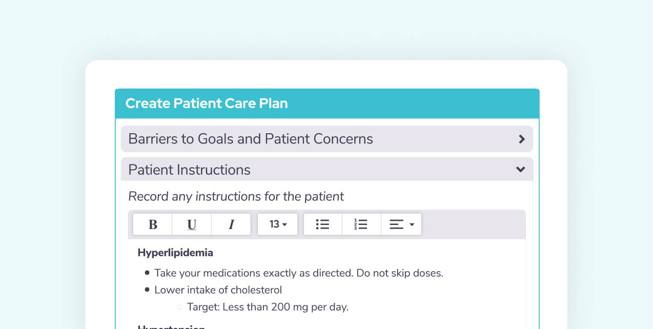 Chronic care management care plan screen