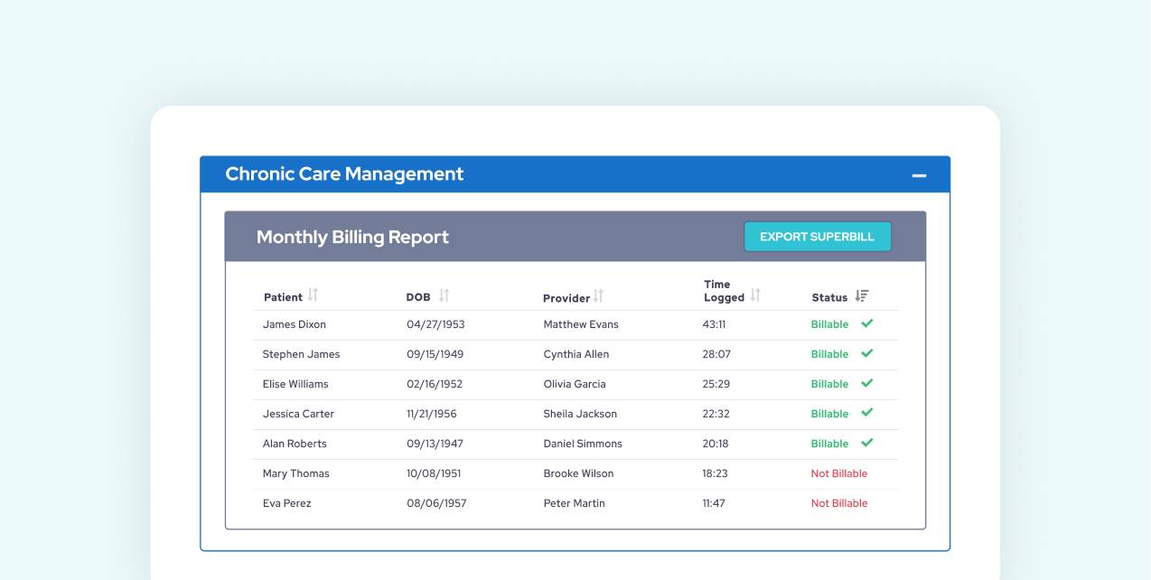 Chronic care management monthly billing screen
