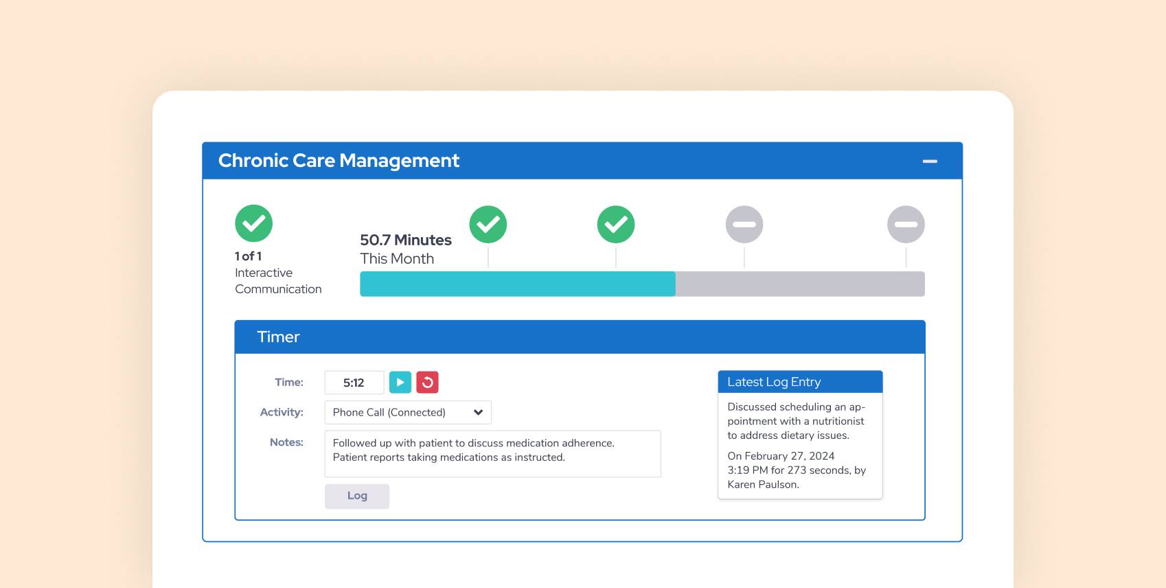 Chronic care management time logging screen