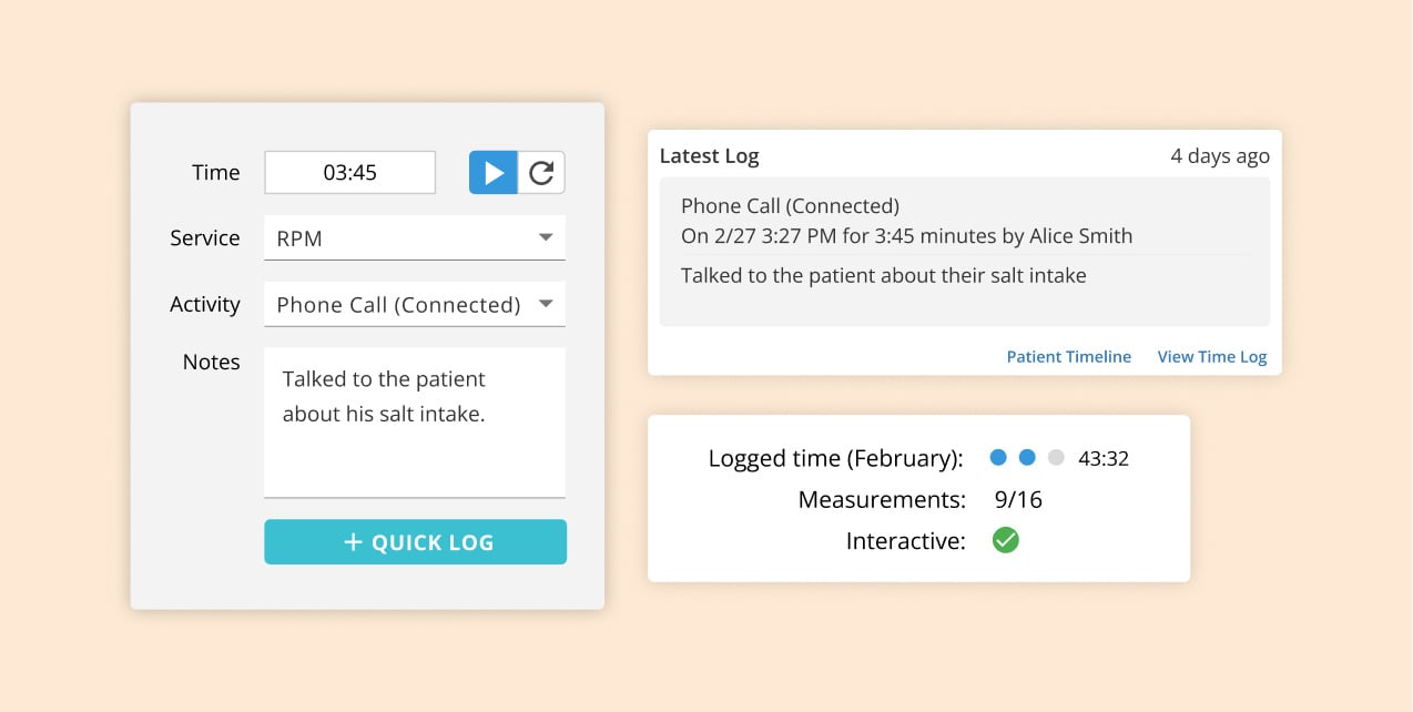 Screenshot of remote patient monitoring time logging