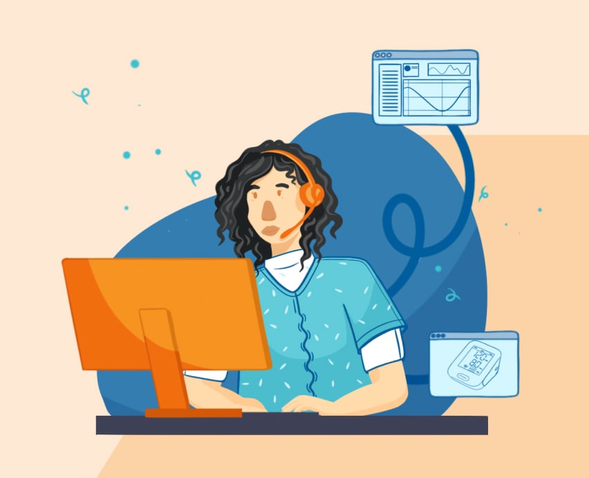 Nurse with headset on computer