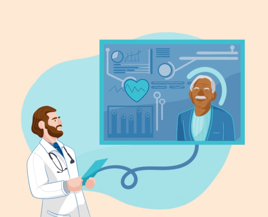 Illustration of cardiologist remotely monitoring patient