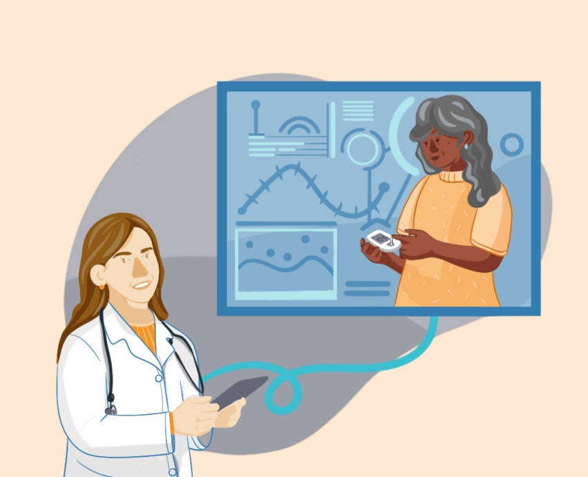 Illustration of endocrinologist remotely monitoring patient