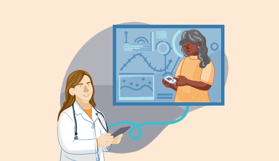 Illustration of endocrinologist remotely monitoring patient