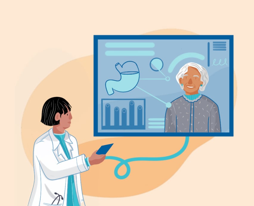 Illustration of gastroenterologist remotely monitoring a patient