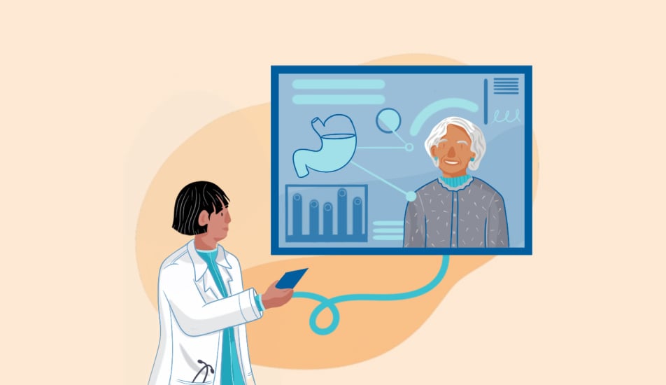 Illustration of gastroenterologist remotely monitoring a patient