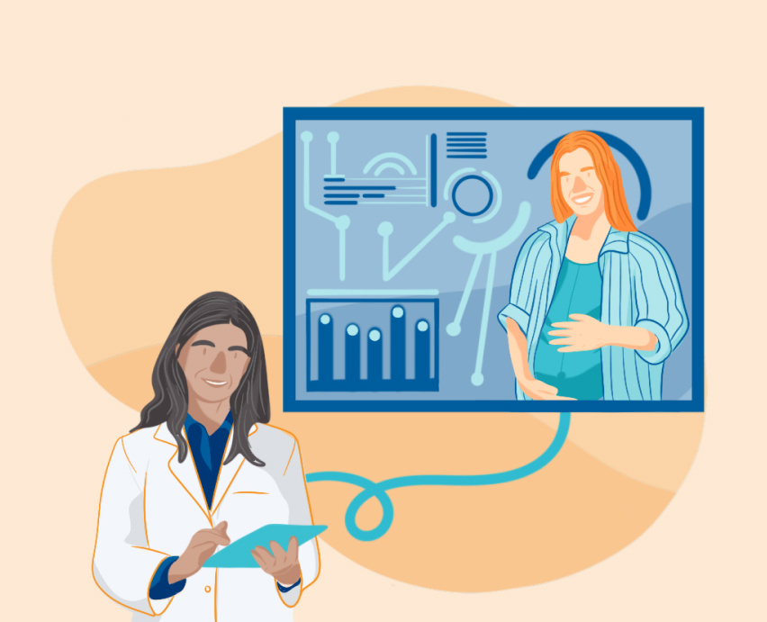 Illustration of doctor remotely monitoring pregnant patient