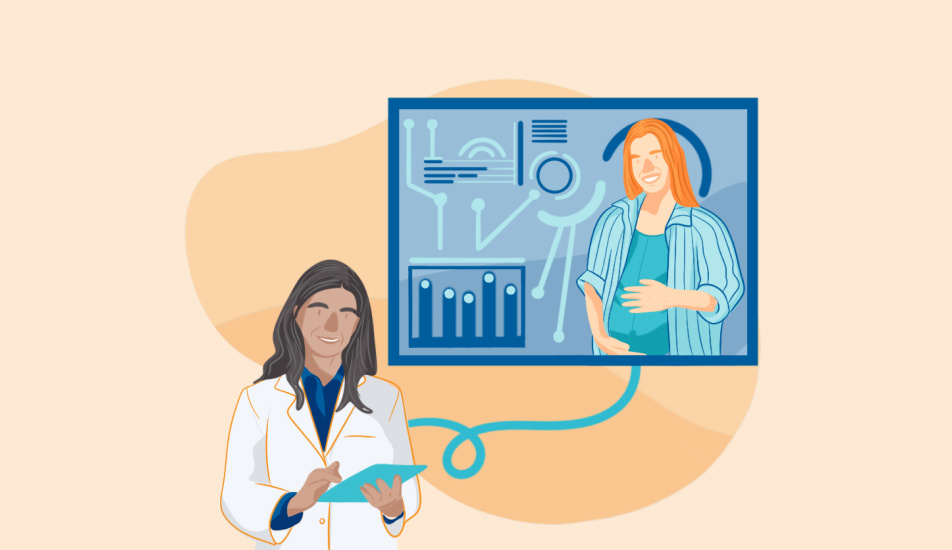 Illustration of doctor remotely monitoring pregnant patient